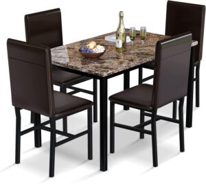 AWQM 5 Piece Dining Table Set for 4,Faux Marble Kitchen Table and Chairs for 4, Modern Dining Room Table Set with 4 Chairs,Dinner Table Set for Small Spaces, Brown
