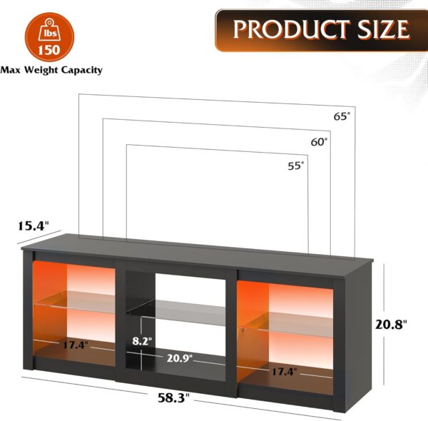 WLIVE LED TV Stand for 65-Inch TV, 58-Inch Entertainment Center with Adjustable Glass Shelves, Modern Media Console for Living Room & Bedroom, Black