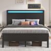 Queen Bed Frame with Headboard, Bed Frame with Charging Station & LED Light, Under-Bed-Storage, No Box Spring Needed, Noise Free, Easy Assembly, Black