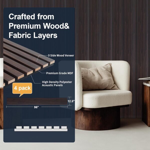 NeatiEase Wood Panels for Wall, 4-Piece 96" x 12.6" Soundproof Wood Slat Wall Panel for Interior Wall Decor Noise Cancelling, Wood Acoustic Wall Panels, Sound Absorbing Panel (Dark Walnut)
