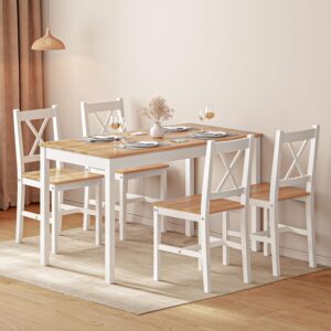 SogesPower Dining Table Set for 4, 5-Piece Wood Kitchen Dining Table Set with 4 Chairs for Kitchen Dining Room Restaurant Small Space, White&Oak