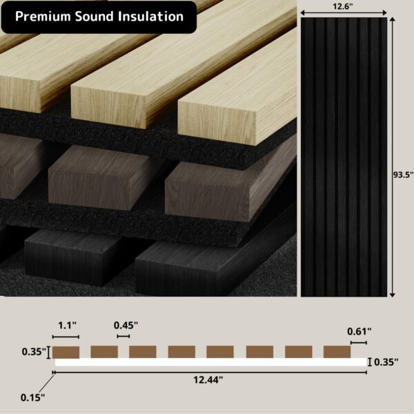 Sunny Heart Wood Slat Wall Panels, Wood Panels for Wall, 2 Pack 93.5" x 12.6" Soundproof Solid Wooden Wall Panels, 3D Acoustic Fluted Wood Wall Panels for Ceiling Wall Decor, Black