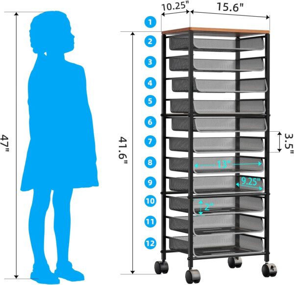 Simple Trending 12 Tier Rolling File Cart,Wood Desk File Organizer with Sliding Trays and Wetal Mesh Paper Letter Storage Multi-Functional Rolling Clutter Cart for Office, Home, School, Black