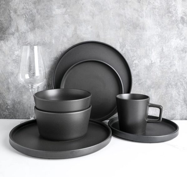 Stone Lain Coupe 32-Piece Stoneware Dish Set, Celina Service for 8, Black Plates and Bowls Dinnerware Set, Dishwasher and Microwave Safe, Black Matte