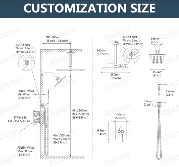 Aolemi Shower Faucet Set Ceiling Mount Shower System Rough-in Valve and Shower Trim Kit 10 and 6 Inch Dual Shower Head 2 in 1 Handheld Spray Push Button Diverter Matte Black