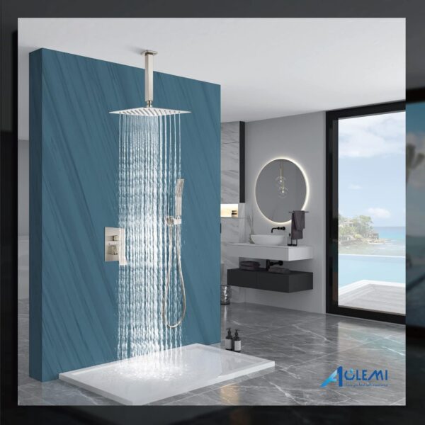 Aolemi Ceiling Mount Shower System Rain Shower Head with Handheld Spray High Pressure Shower Faucet Set Rough-in Valve Shower Trim Kit Included Bathroom Brushed Nickel 12 Inch Ceiling Shower Head