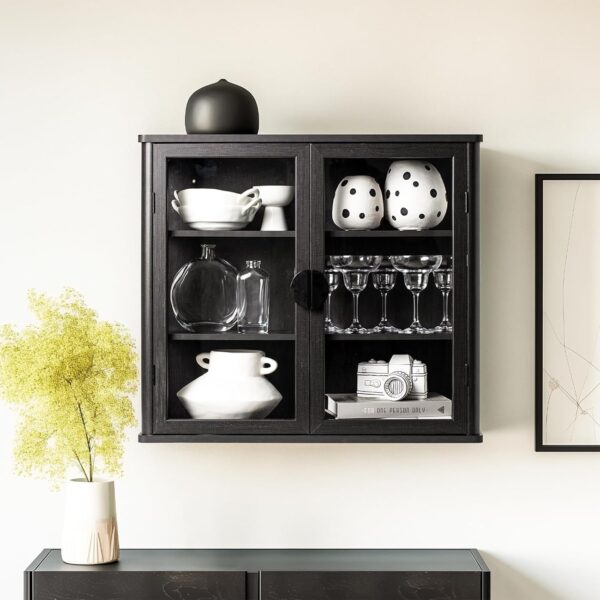 56" Black Wall Storage Cabinets,Kitchen Wall Cabinets with Glass Doors,Over The Toilet Storage Cabinets with Tempered Glass, Upper cabinets for Launtry, Kitchen,Bathroom, 28 inch X 2PCS