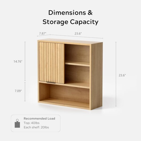 Fluted Wall Cabinet Bathroom, Modern Medicine Cabinet with Sliding Door Adjustable Shelf Wood Storage Cabinet Wall Mounted for Kitchen Dining Room Living Room, Natural Oak