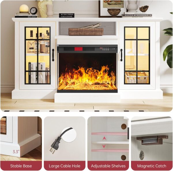 oneinmil 59'' Fireplace TV Stand, 3 Sided Glass Media Entertainment Center Console Table for TVs up to 65'' with Glass Door Adjustable Flame LED Color for Living Room, Set of TV Table, White