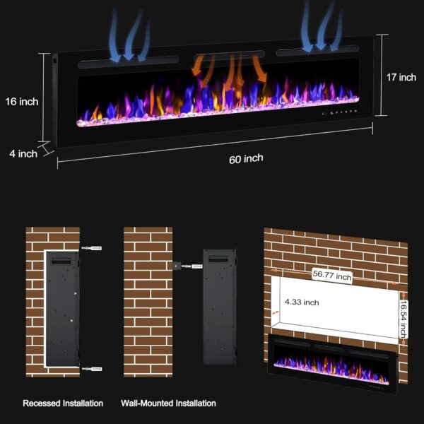 71YkCJrNjcL._AC_SL1500_.jpg 60" Electric Fireplace Wall Mounted and Recessed with Remote Control, 750/1500W Ultra-Thin Wall Fireplace Heater W/Timer Adjustable Flame Color and Brightness, Log Set & Crystal Options