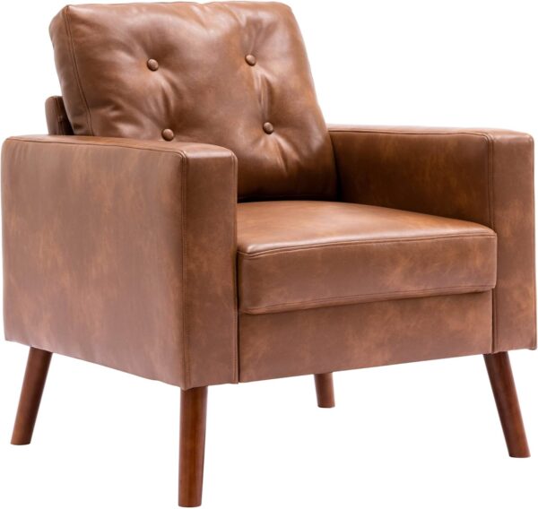Wahson Office Chairs PU Accent Arm Chair with Tufted Back, Faux Leather Comfy Upholstered Single Sofa, Mid Century Modern Side Club Chair with Wood Legs for Reading/Living Room/Bedroom, Caramel