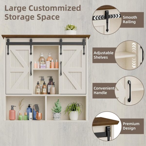 Vabches Bathroom Wall Cabinet, Farmhouse Medicine Cabinet with Double Sliding Barn Door and Adjustable Shelves, Wooden Vintage Storage Cabinet Wall Mounted for Bathroom, Kitchen Dining, Rustic White