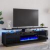 AMERLIFE Fireplace TV Stand with 36" Fireplace, 70" Modern High Gloss Fireplace Entertainment Center LED Lights, 2 Tier TV Console Cabinet for TVs Up to 80", Obsidian Black