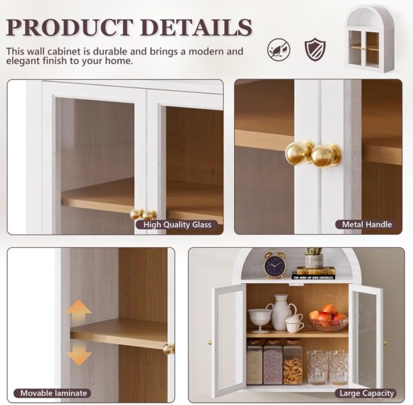 Arched Wall Cabinet,Glass Display Wall Mounted Cabinet with Tempered Glass Doors, Floating Cabinet with Adjustable Shelves for Bathroom,Living Room, Kitchen