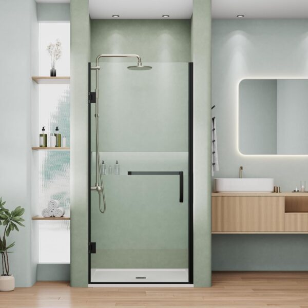 DELAVIN 34"W x 72"H Frameless Shower Door in Matte Black, Single Shower Door with 5/16" Clear Tempered Glass, Stainless Steel Hinged Glass Shower Door, Bathroom Shower Door with Seal Strip and Handles