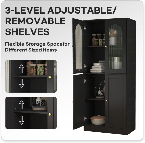 71" Tall Kitchen Pantry Cabinet, Kitchen Storage Cabinet with Glass Doors and Adjustable Shelves, Wood Food Pantry Cabinet, Freestanding Cupboard for Kitchen, Dining Room, Black