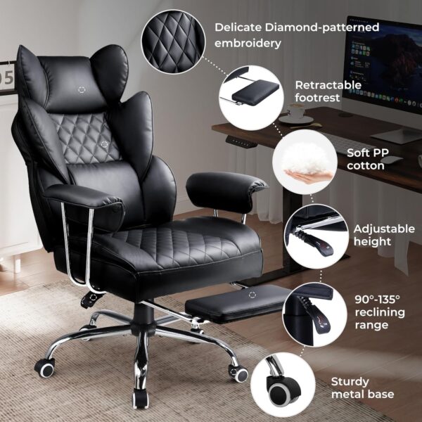 COMHOMA Big and Tall Office Chair, Leather High Back Leather Gaming Chair with Footrest, Executive Ergonomic Office Chair with Pocket Spring Lumbar Support and with Outward Fixed Soft Armrests