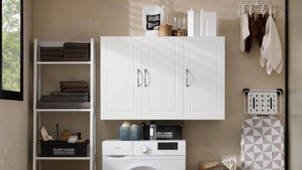 SoBuy Bathroom Kitchen Wall Cabinet Garage or Laundry Room Wall Storage Cabinet White Stipple Linen Tower Bath Cabinet Medcine Cabinet Cabinet with Shelves, White FRG231-L-W