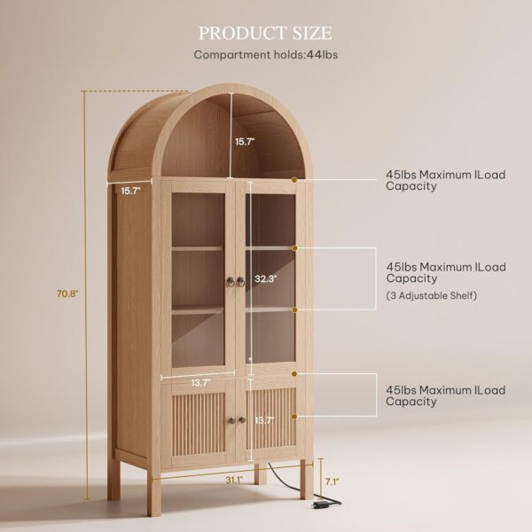 DWVO 71" Tall Arched Cabinet Kitchen Pantry with LED Light/Wood Kitchen Storage Cabinets with Tempered Glass Doors and Adjustable Shelves/Bookcase Cabinet with Storage for Kitchen, Dining- Natrual