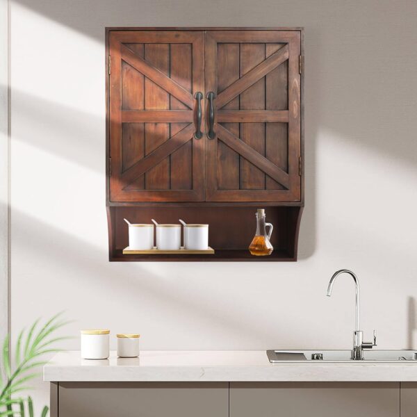 FLORA Farmhouse Wall Mounted Storage Cabinet, Medicine Cabinet with Doors, Wood Vintage Bathroom Wall Cabinet Over Toilet for Bathroom, Kitchen, Living Room, Rustic Brown