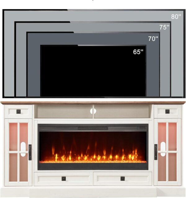 OKD Fireplace TV Stand for 80 Inch TV, Farmhouse Entertainment Center with 42" Fireplace & LED Lights, Modern Media Console Table with Storage Drawers & Cabinets for Living Room, Antique White