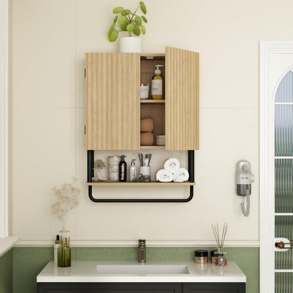 RUSTOWN Fluted Bathroom Wall Cabinet with 2 Doors, 3-Tier Modern Farmhouse Medicine Cabinet, Over The Toilet Storage Cabinet with Adjustable Shelf and Towel Bar(Natural, Small)