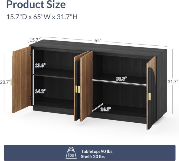 BELLEZE 65 Inch Fluted Buffet Cabinet with Storage, Symmetrical Arc Accent Sideboard Large Console Table for Dining Room, Kitchen, and Living Room (Camel)