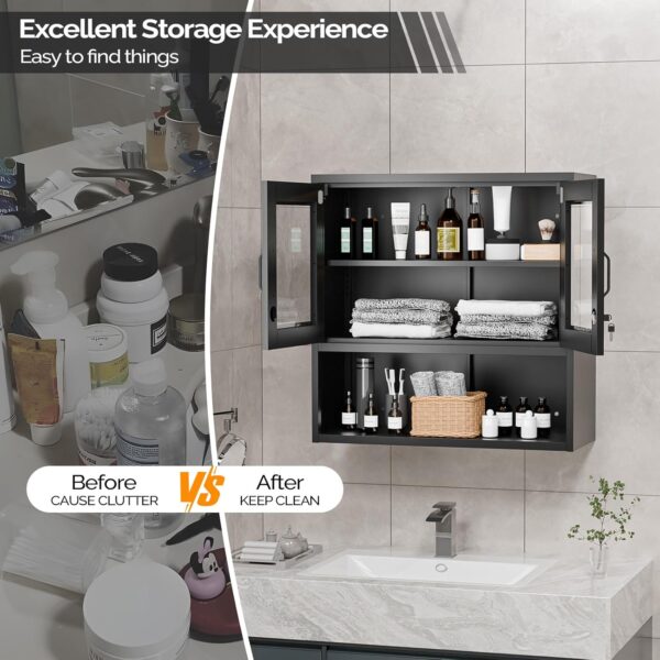 VINGLI Metal Wall Cabinet with Locking Glass Doors & Magnetic LED Sensor Light, Adjustable Shelf, Wall Mounted Storage Display Cabinets for Garage, Kitchen, Home Office, Warehouse, Living Room, Black