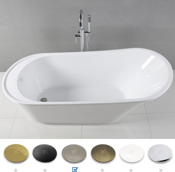 FerdY Langkawi 67" Acrylic Freestanding Bathtub, White Modern Stand Alone Soaking Bathtub, cUPC Certified, Brushed Nickel Drain and Minimalist Linear Design Overflow Included, Easy to Install, 02568T