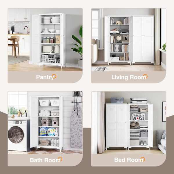 Yizosh Metal Storage Cabinet with 2 Doors and 4 Adjustable Shelves - 61" White Kitchen Pantry Storage Cabinet, 5-Tier Tall Steel Cabinet Locker for Kitchen, Living Room, Dining Room