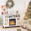 VINGLI Fireplace TV Stand for TVs up to 60'', Mirrored Media Entertainment Center Console Table with 18'' Electric Fireplace, Entertainment Center with Glass Door ＆ Storage Cabinet, White