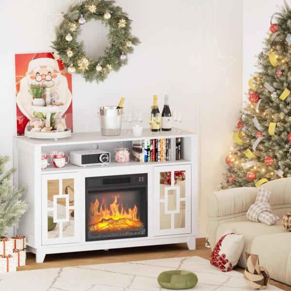 VINGLI Fireplace TV Stand for TVs up to 60'', Mirrored Media Entertainment Center Console Table with 18'' Electric Fireplace, Entertainment Center with Glass Door ＆ Storage Cabinet, White