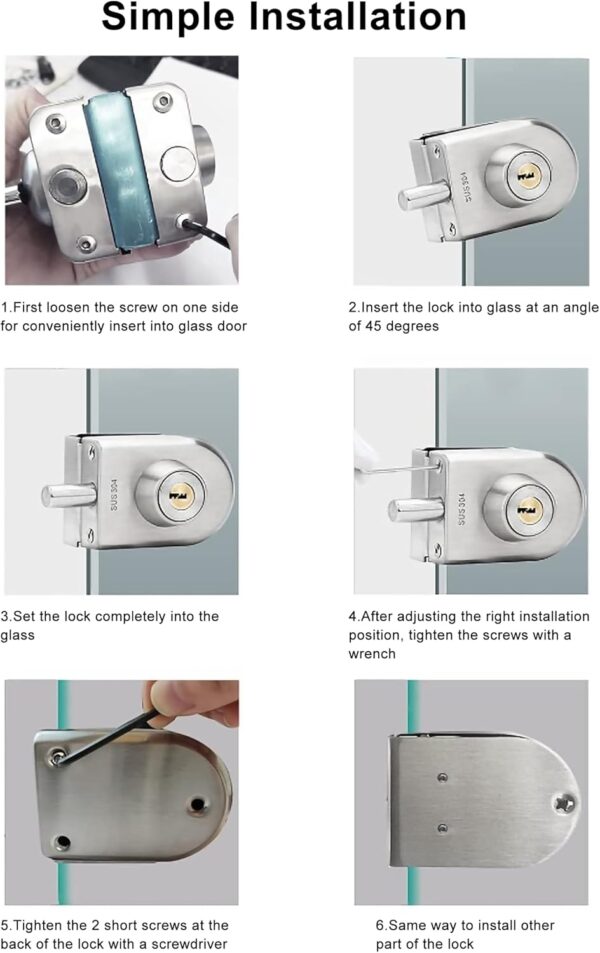 Stainless Steel Glass Door Lock, No Drill Anti-Theft Security Lock Glass Door Cabinet Lock with Keys Open/Close Home Hotel Bathroom, for 10mm-12mm/0.39-0.47in