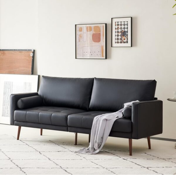 Vonanda Faux Leather Sofa Couch, Mid-Century 73 Inch 3 Seater Leather Couch with Wood Grain Metal Legs and Bolster Pillows for Living Room,Elegant Black