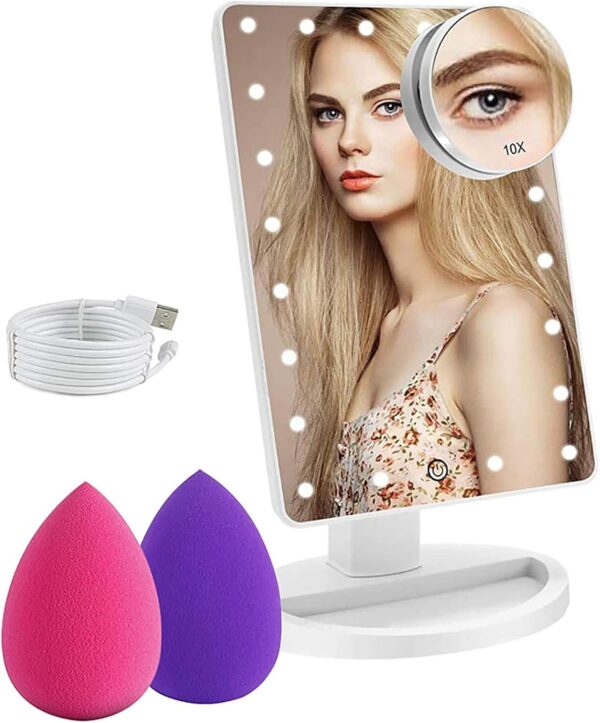 COSMIRROR Lighted Makeup Vanity Mirror with 10x Magnifying Mirror and Makeup Sponge, 21 LED Light Touch Sensor Dimming, 180 Rotating, Dual Power, Portable