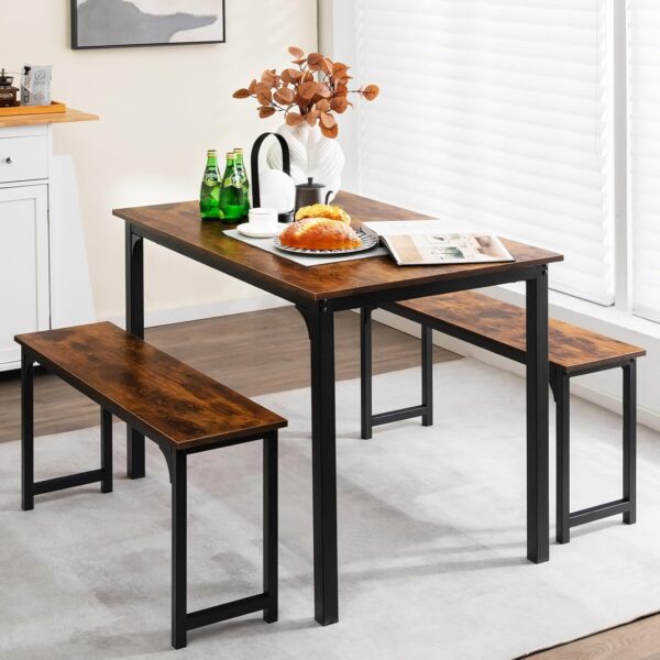 Moccha Dining Table Set for 4, 3-Piece Modern Breakfast Table Set with 2 Benches & Metal Frame, 43.5" Wood Kitchen Table Set, Space-Saving Dinette Set for Small Spaces, Dining Room, Rustic Brown