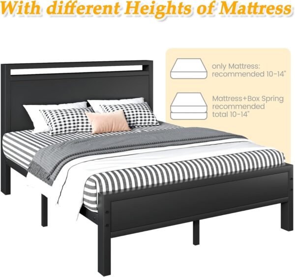 Queen Bed Frame with Headboard, Bed Frame with Charging Station & LED Light, Under-Bed-Storage, No Box Spring Needed, Noise Free, Easy Assembly, Black