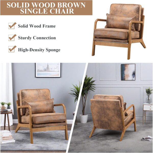 2 PCS Mid Century Modern Chair with Pillow Upholstered Lounge, Reading Chair with Soft Cushion and Solid Wood Arm Chair, Vintage Accent Leisure Recliner with Back for Living Room, Bedroom, Brown