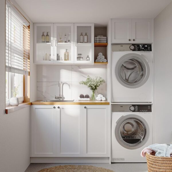 FIMELLO Wall Cabinet, Acrylic Glass Wall Mounted Storage Cabinets， Medicine Cabinet for Kitchen Garage Laundry, White, 3 Door