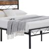 VECELO Queen Metal Platform Bed Frame with Rustic Vintage Wooden Headboard, Heavy Duty Metal Slats Support, Platform Mattress Base No Box Spring Needed, No Noise, Easy Assembly，Brown