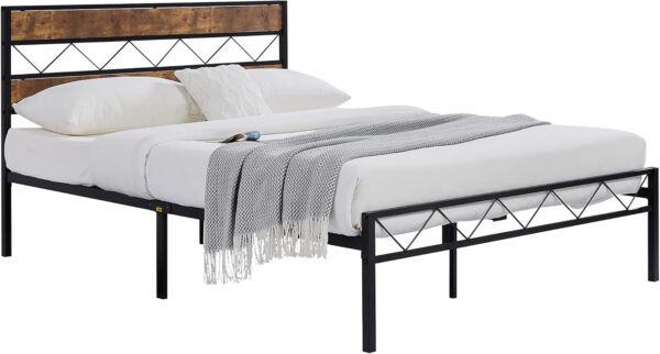 VECELO Queen Metal Platform Bed Frame with Rustic Vintage Wooden Headboard, Heavy Duty Metal Slats Support, Platform Mattress Base No Box Spring Needed, No Noise, Easy Assembly，Brown