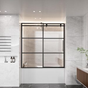 Bathtub Shower Sliding Door 56-60 in. W x 62 in.H, Glass Shower Door for Tub, Single Sliding Door with 1/4 inch SGCC Certified Clear Tempered Glass, Stainless Steel Rollers, Matte Black