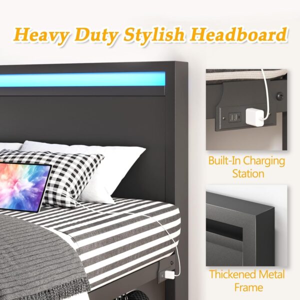 Queen Bed Frame with Headboard, Bed Frame with Charging Station & LED Light, Under-Bed-Storage, No Box Spring Needed, Noise Free, Easy Assembly, Black