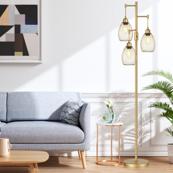 Dimmable Industrial Floor Lamps for Living Room, Gold Tree Standing Tall Lamps with 3 Elegant Teardrop Cage Head & 800 Lumens LED Bulbs for Bedroom Office