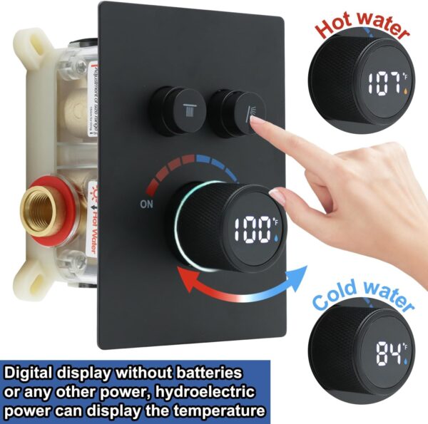 Solid Brass Shower Mixer Valve, Concealed 2 Way Outlet LED Digital Display Diverter Valve, Can Use All Options at A Time Black