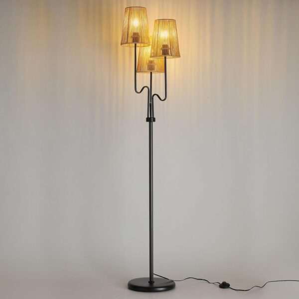 Boho Floor Lamp, 68in. Rattan Floor Lamp with Rattan Shade,3 Light Tree Standing Lamp for Bedroom,Nursery,E26 Socket, Living Room Floor Lamp for Rustic,Coastal, Beach or Bohemian Decor (Black)