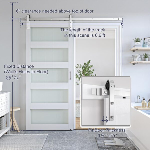 SmartStandard 38 x 84 inch Glass Barn Door with 6.6FT Brushed Nickel Sliding Hardware Kit & Handle, Pre-Drilled Ready to Assemble, Waterproof PVC Coating, White, 5-Panel Glass