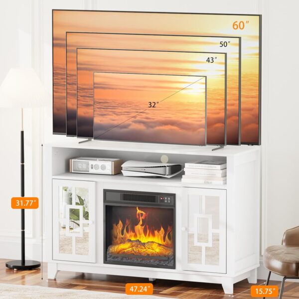VINGLI Fireplace TV Stand for TVs up to 60'', Mirrored Media Entertainment Center Console Table with 18'' Electric Fireplace, Entertainment Center with Glass Door ＆ Storage Cabinet, White