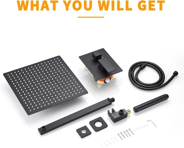 BESy Shower System with 12 Inch Rain Shower Head and Handheld Wall Mounted, High Pressure Rainfall Shower Faucet Fixture Combo Set with 2 in 1 Handheld Showerhead for Bathroom, Matte Black