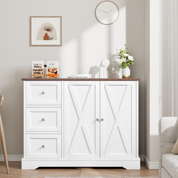 White Buffet Cabinet with Storage, Farmhouse Kitchen Cabinet with 3 Drawers and 2 Doors, Storage Cabinet for Kitchen, Dining Living Room